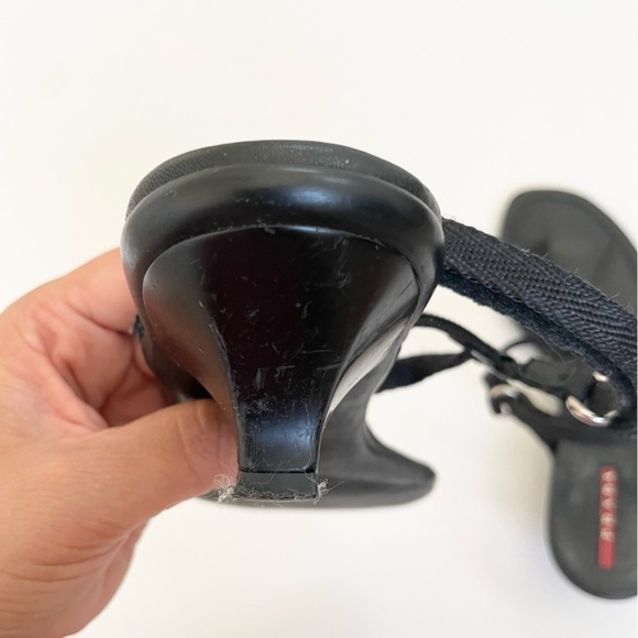 Prada Sport Y2K Black Leather Nylon Logo T-strap Kitten Low Heel Sandals EU 39 - Picture 7 of 11
